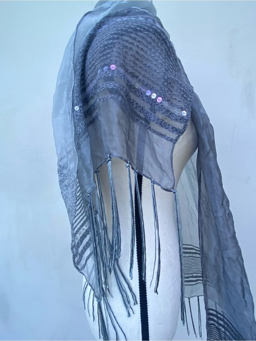 Whimsygoth Ombré Steel Grey Sequin Fringe Scarf